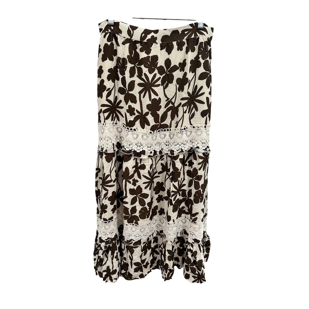 Boston Proper Brown Cream Floral‎ Lace Trim Tiered Maxi Skirt Womens Medium Boho